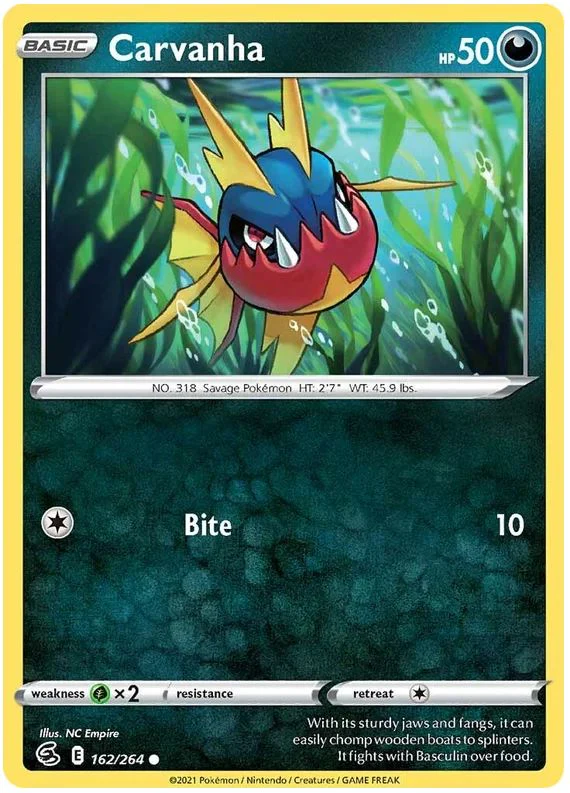 Carvanha 162/264 Common Reverse Holo Pokemon Card (SWSH Fusion Strike)