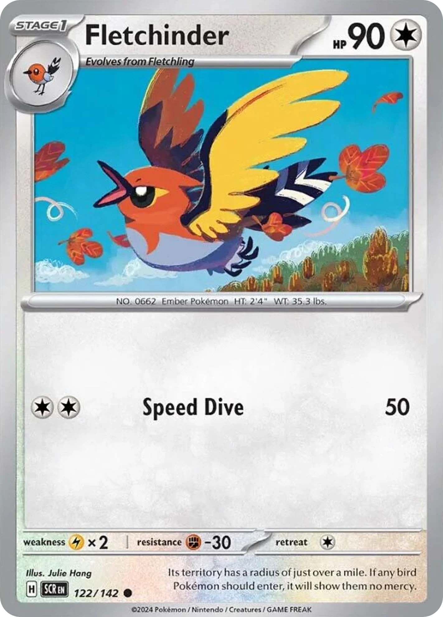 Fletchinder 122/142 Common Reverse Holo Pokemon Card (SV Stellar Crown)