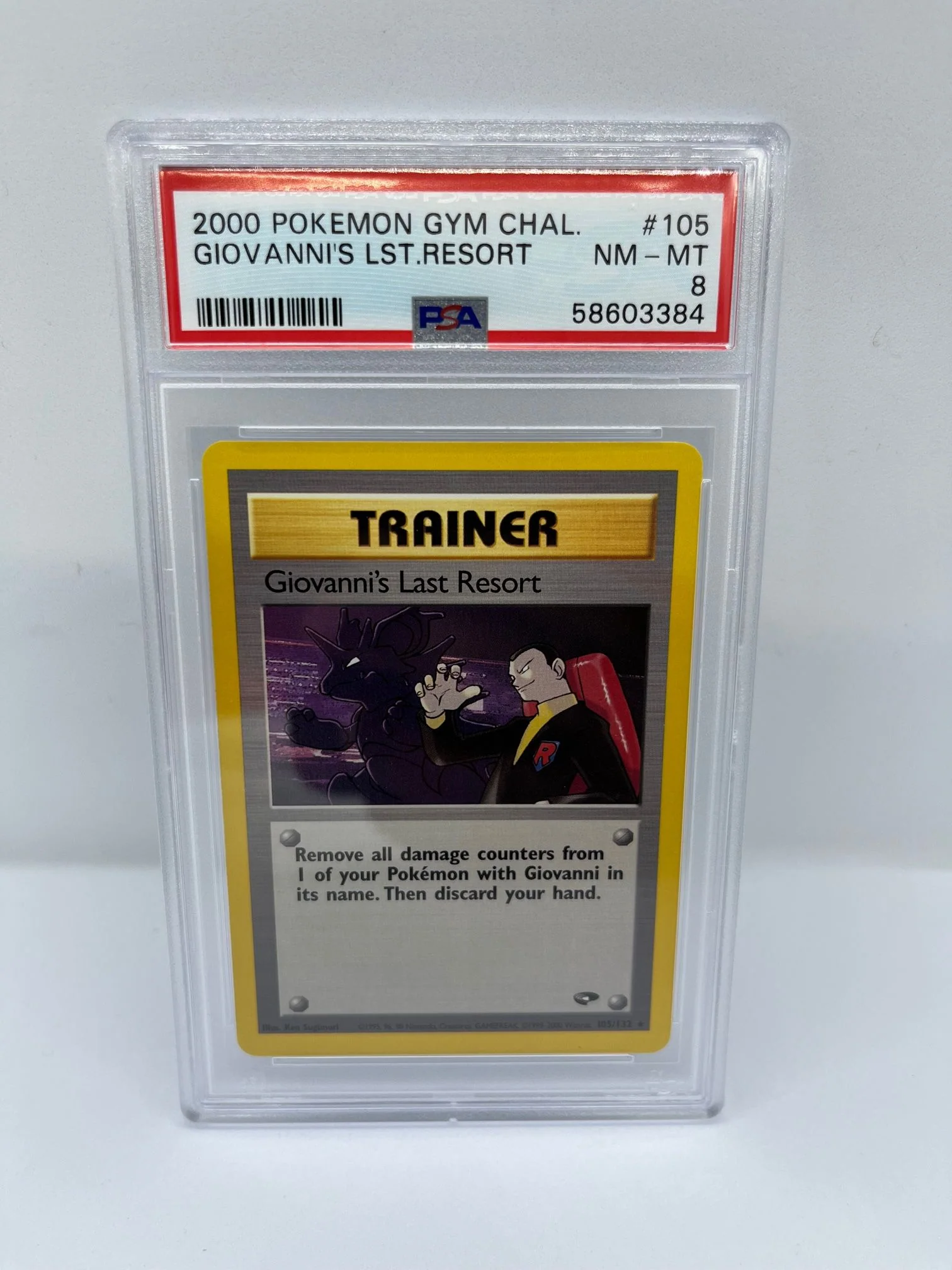 Giovanni's Last Resort 105/132 PSA 8 Graded Rare Pokemon Card (2000 Pokemon Gym Chal)