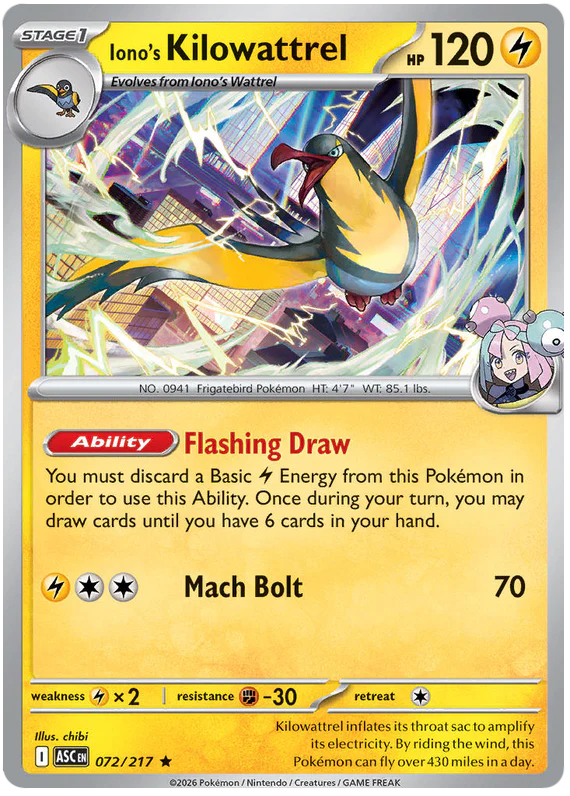Iono's Kilowattrel 072/217 Rare Pokemon Card (Mega Evolution Ascended Heroes)
