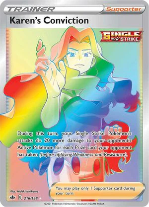 Karens Conviction 216/198 Secret Rare Pokemon Card (SWSH Chilling Reign)