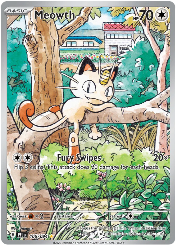 Meowth 106/094 Illustration Rare Pokemon Card (Mega Evolution Phantasmal Flames)