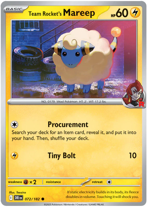 Team Rocket's Mareep 072/182 Common Pokemon Card (Scarlet & Violet Destined Rivals)