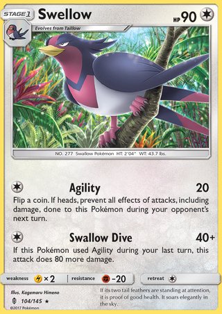 Swellow 104/145 Rare Reverse Holo Pokemon Card (Guardians Rising)