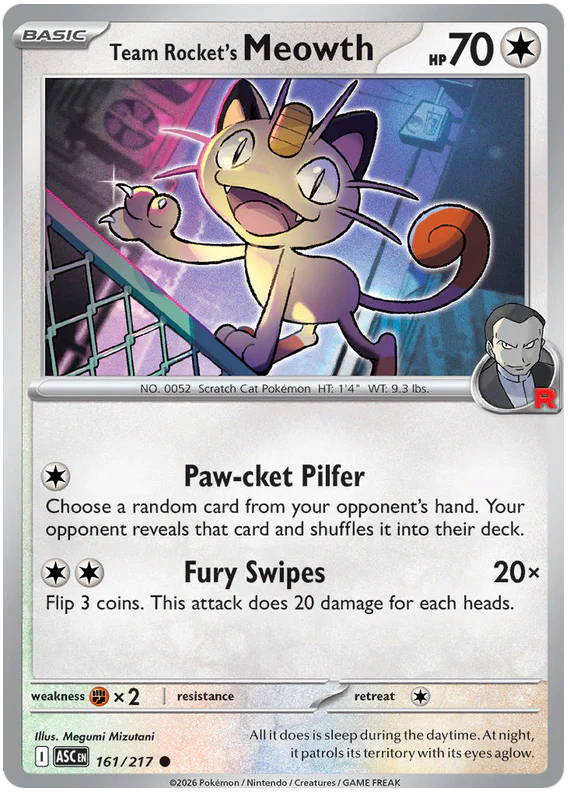 Team Rocket's Meowth 161/217 Common Pokemon Card (Mega Evolution Ascended Heroes)