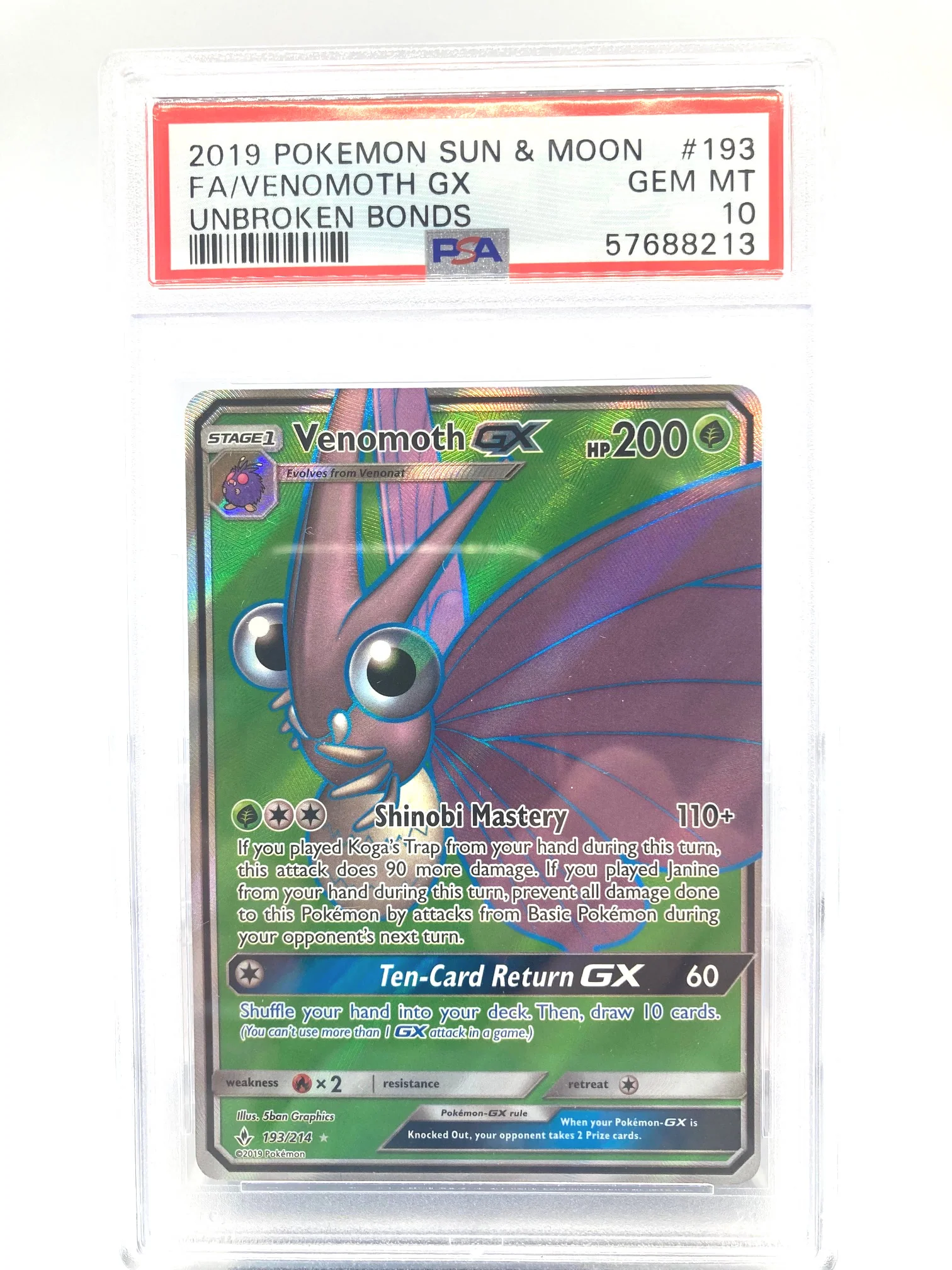 Venomoth GX 193/214 PSA 10 Gem Mint Graded Pokemon Card (Unbroken Bonds)