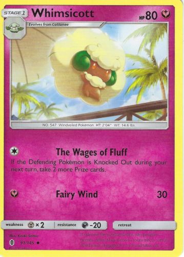 Whimsicott 91/145 Uncommon Reverse Holo Pokemon Card (SM Guardians Rising)