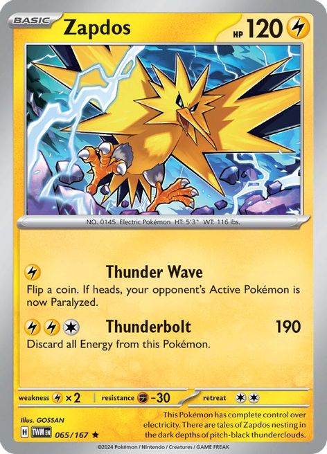 Zapdos 065/167 Rare Reverse Holo Pokemon Card (SV Twilight Masquerade)